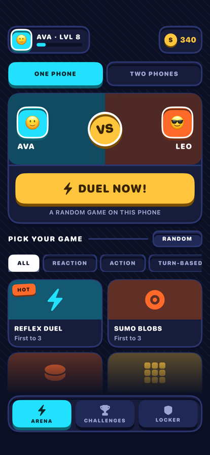 Duel Lab home screen showing the game arena
