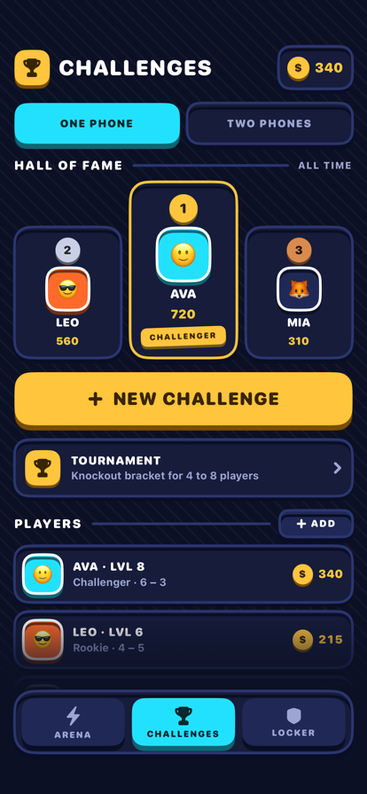 Challenges screen with player profiles and a best-of series